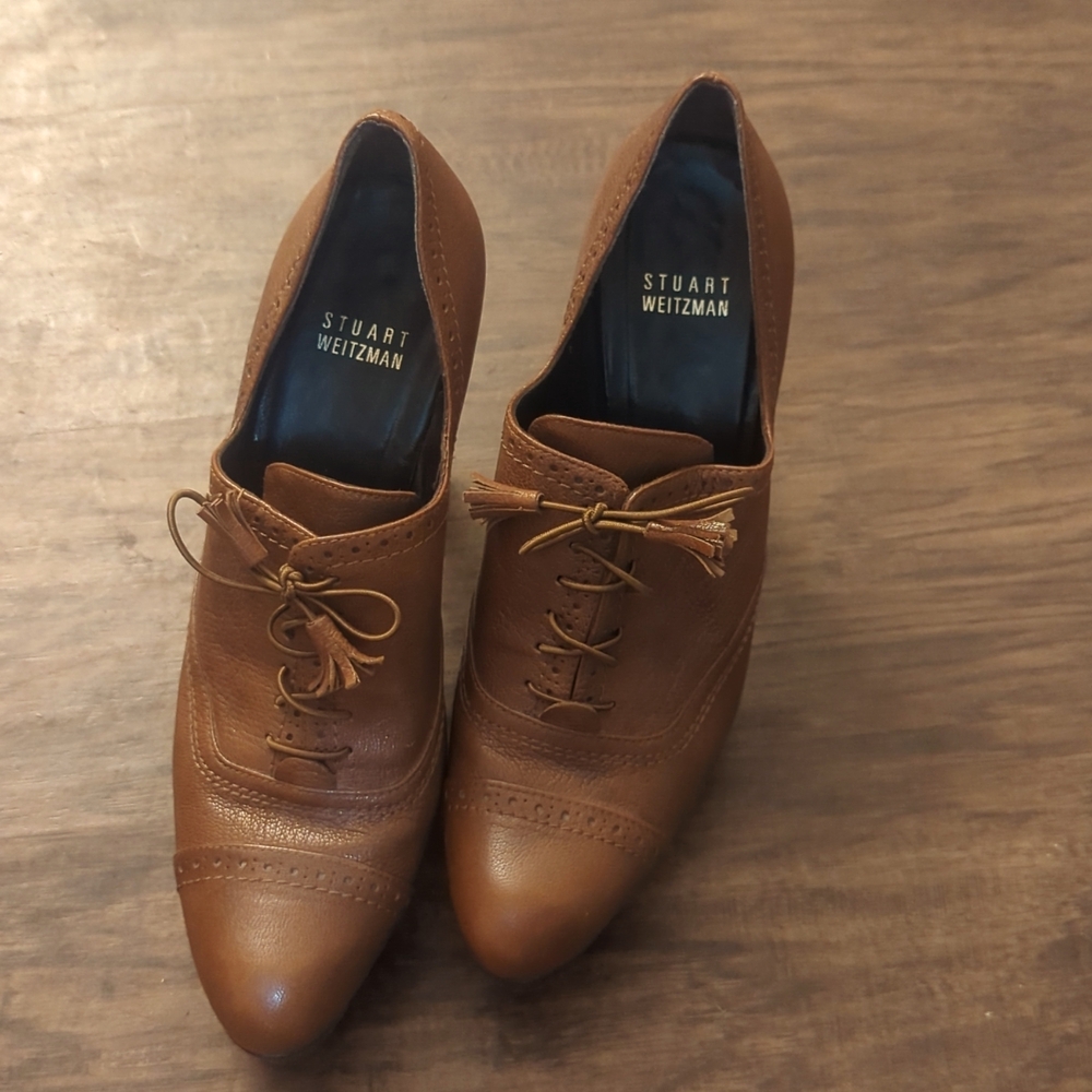 Stuart Weitzman Oxford Wing Tip Cognac Heels